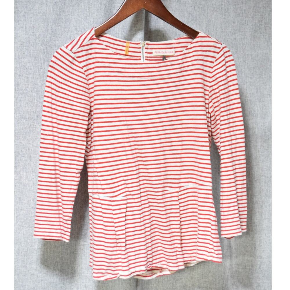 Rebecca Taylor Red & White Striped Peplum Top with Elbow Patches – Size Small